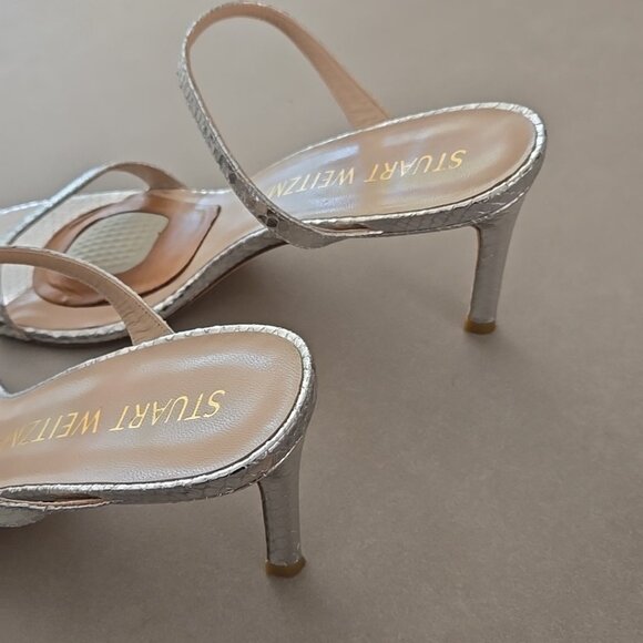 Stuart Weitzman Aleena Sandals In Silver Mini Snake Print - Picture 5 of 7